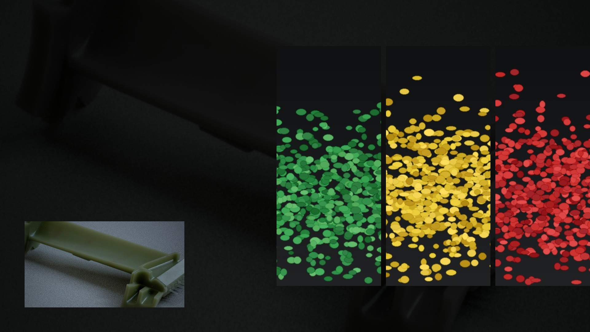 Green, yellow and red investment casting wax pellets with a wax pattern assembly